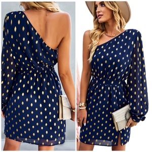 New! Navy & Gold One Shoulder Polka Dot Dress